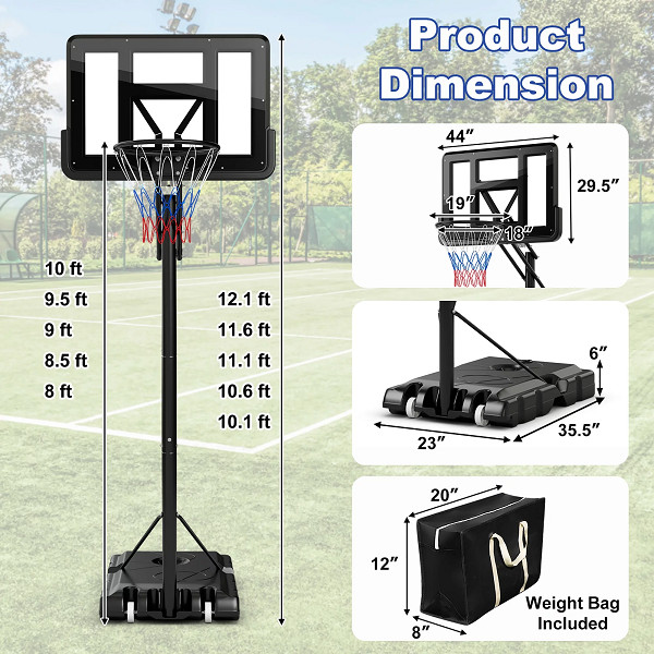 COSTWAY 44" PORTABLE AND ADJUSTABLE OURDOOR BASKETBALL HOOP SET WITH BACKBOARD AND SECUREBAG, BLACK (MODEL: SP37879) image 3
