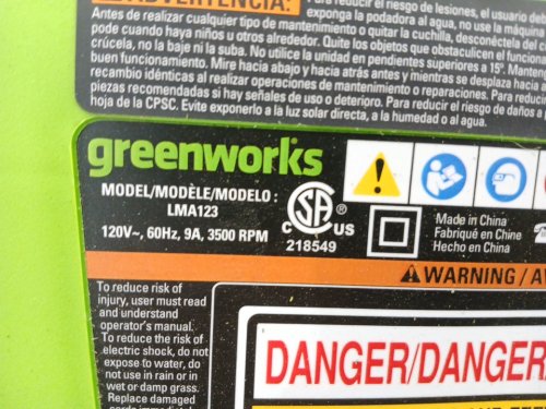 GREENWORKS CORDED ELECTRIC LAWN MOWER - 14" - 9AMP - BLACK/GREEN (MODEL : LMA123) image 7