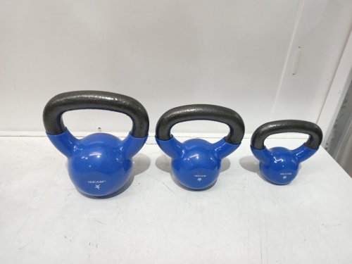 3pc Yes4all vinyl coated kettlebell weight set - 5lbs, 10lbs, 15lbs - Blue/black (Model: KC1x) image 3