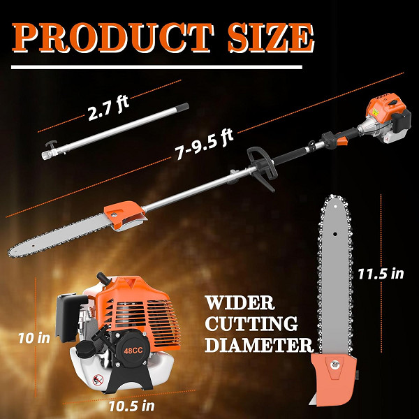 gas powered 48cc pole saws with 2-stroke gas for tree trimming with 11.5" cutting bar & height reachable to 16ft - black/orange (model:atcl-hygxbi048o) image 2