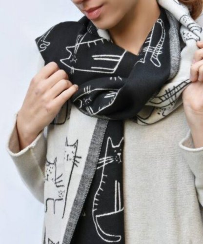 oversized knitted scarf Shawl -100% Cashmere - reversible - Cat Drawing Black/beige image 2