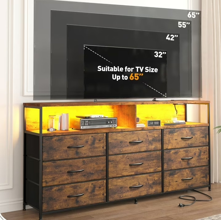 enhomee 9 drawer fabric dresser/tv stand with led lights and charging station - 55" x 12" x 35" - rustic brown - (model: 55scdrg1) image 2