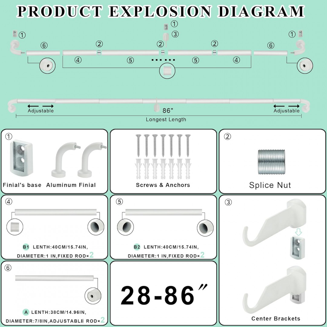 LWIIOM ADJUSTABLE CURVED CURTAIN ROD WRAP AROUND DESIGN - 24" - 48" - MATTE white (MODEL: LW-417) image 2