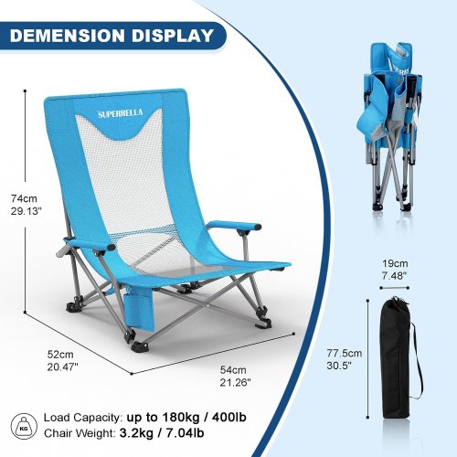 2pk superella portable folding low beach chair with cup holder - 400lbs max - blue - (model: scc2024-2) image 2