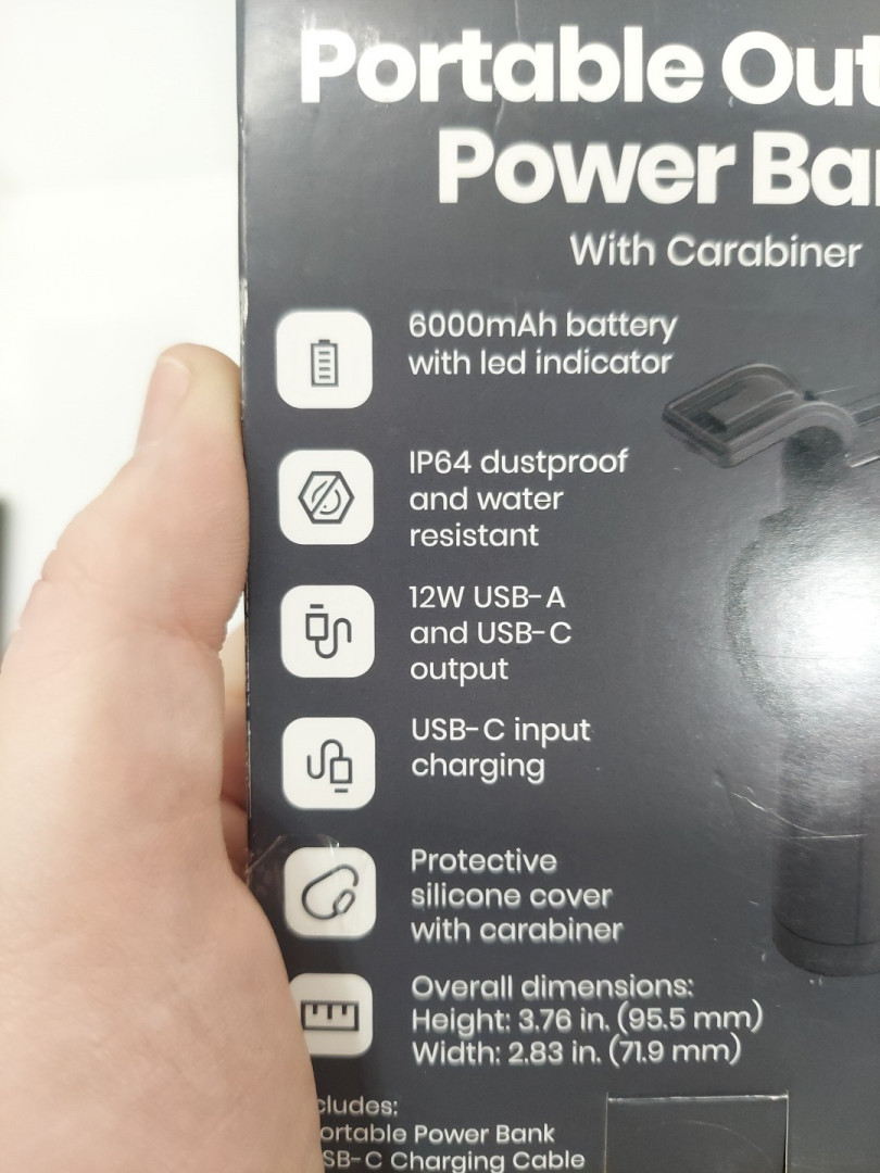 gems portable outdoor 12w power bank with carabiner - usb & usb-c output, 6000mah - dark grey image 3