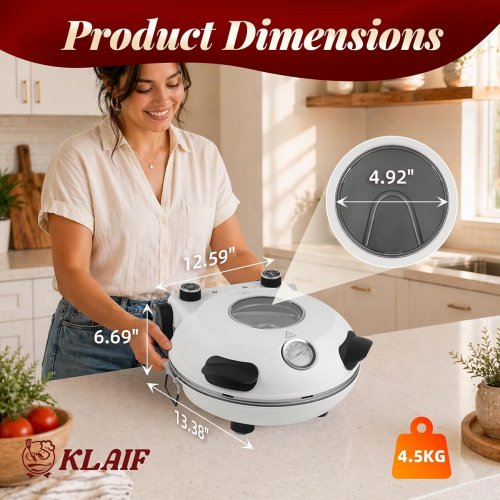 KLAIF Electric Countertop Pizza Oven With Ceramic Stone and Pizza Peel Tool - 200°F to 800°F - 1200W - 12.6" x 13.4" x 6.7" - White (Model: LMR-120TW/LMR-12DTW-WHT) image 2