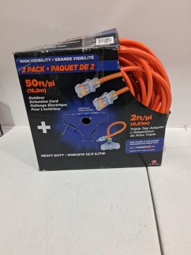 3PC Prime Wire Outdoor Extension Cord Combo with 2 Extension Cords and 2FT Triple Tap Adapter - 50FT - Orange (Model: 1734187) image 2