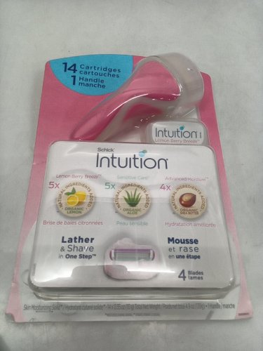 15pc Schick Intuition Razor & Refill set, 1 handle, 14 4 blade cartridges - pink - lemon berry, sensitive care (aloe) , shea butter image 3