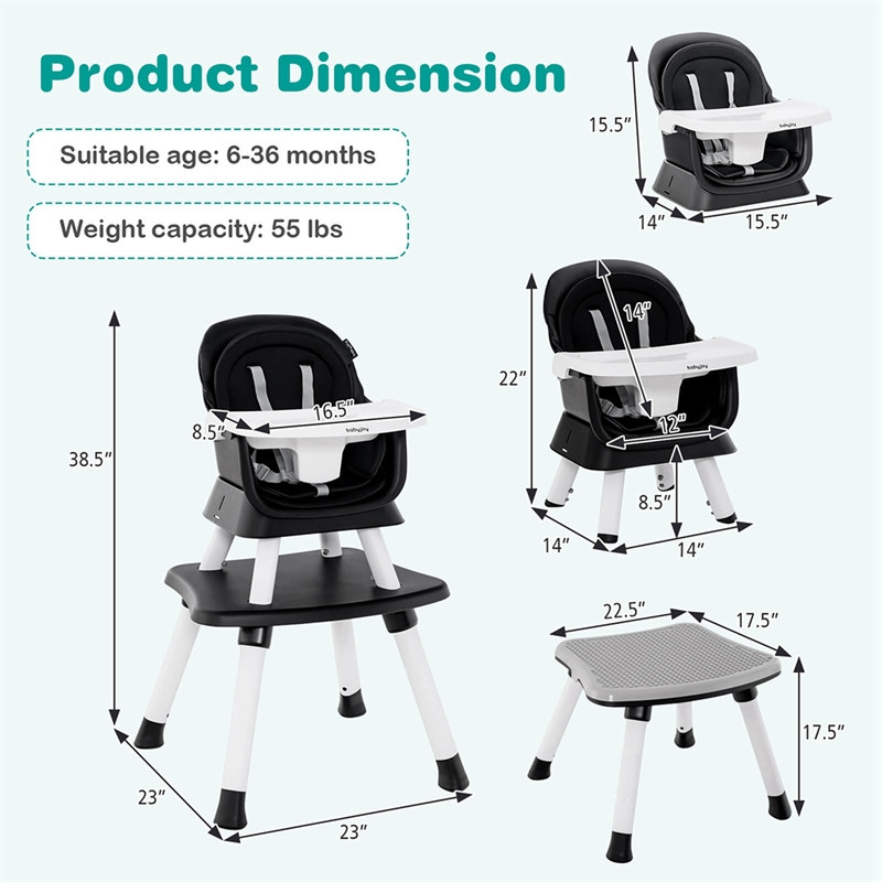 costway 8-in-1 convertible baby high chair -  38.5" x 23" x 23" - black/white (model: ad10030bk) image 2