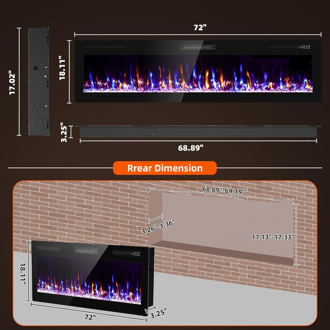Zionheat Electric Fireplace insert - 1500W - 72" - black (model: hkfp006-72h) image 4