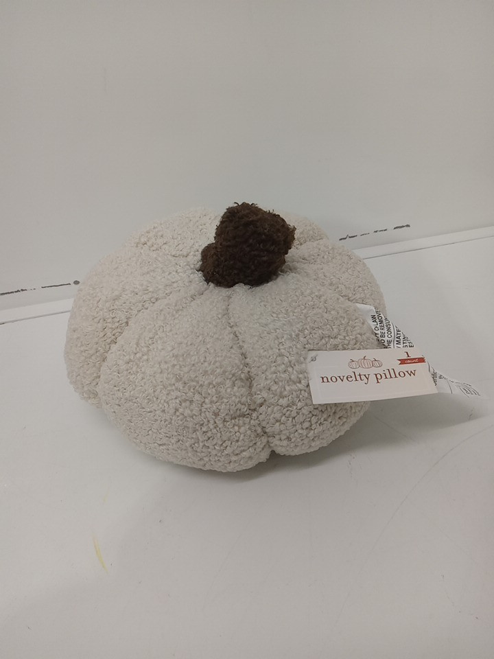 4 Teddy Fleece Pumpkin decorative throw Pillow - 9" x 9" x 4.5" - cream/brown image 3