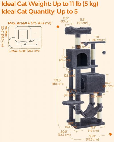 feandrea multi-level cat tree tower - 59.5" x 20.6" x 20.8" - 55LBS CAP - dark grey (model: pct192g01v1) image 4