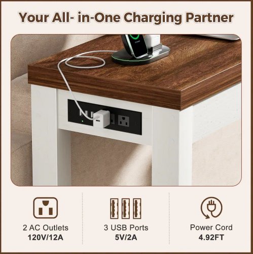 aheaplus narrow wooden console table with charging station - 63" x 14" x 32" - white/walnut - (model: BBY-CS-CT-63-COW) image 3