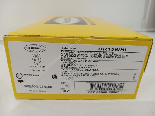 10pk HUBBELL Wiring Device-Kellems Duplex Receptacle 2 Pole 3 Wire - 15A 125V - White (Model: CR15WHI) image 3