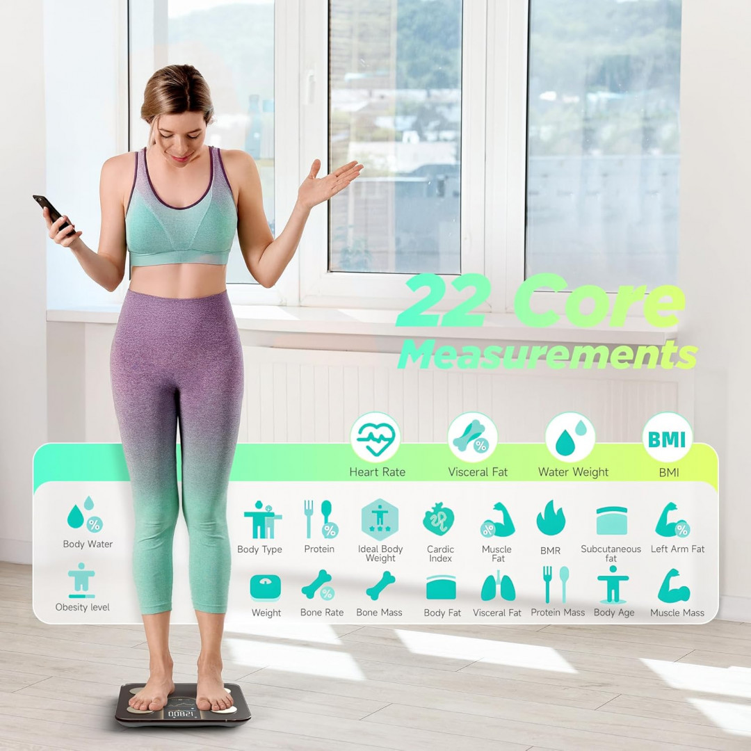 RunStar 8-in-1 SMART Body Weight scale with VA display & 22 body composition sync app for heart rate, BMI, body fat & muscle mass - 400lb capacity - gold/black (model: fg2015ulb) image 2