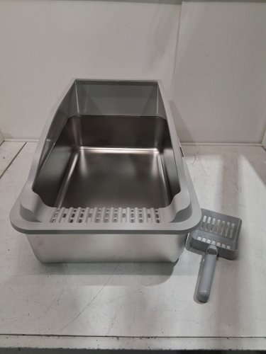 STAINLESS STEEL CAT LITTER BOX WITH LID AND SCOOP - 17" X 13" X 6" - GREY/SILVER image 2