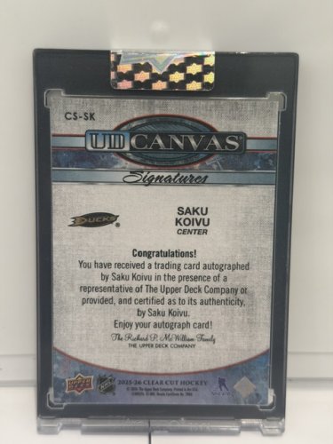 2025/26 SIGNED UPPER DECK SAKU KOIVU UD CANVAS CLEAR CUT SIGNATURE DUCKS CARD (CS-SK) image 4