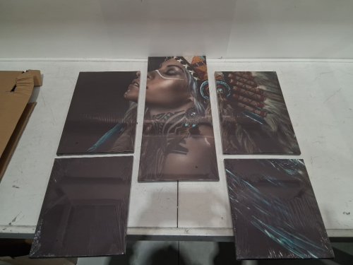 5PC Art Prints OF Native American Women with Feather Hat Pictures Black Paintings on Canvas for Living Room image 3