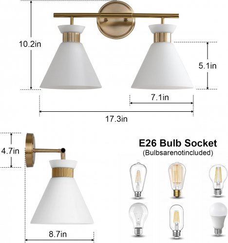 MID CENTURY BATHROOM VANITY 2 LIGHT FIXTURE WITH FROSTED GLASS - 17" - 120V - 60W - E26 - BRASS GOLD image 2