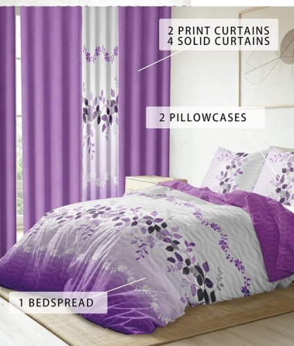 9pc REYLOX VINTAGE bedspread, pillowcase and curtain bedroom set - CAL KING - FLORAL PURPLE image 2
