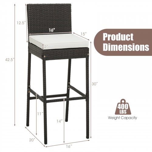 2PK Costway Patio Wicker Barstools with Seat Cushion and Footrest - 42.5" - 400lbs cap - Brown/White (Model: HW72976-2) image 2