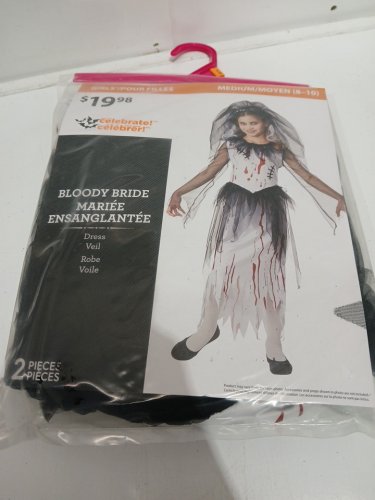 2PC GIRLS WAY TO CELEBRATE BLOODY BRIDE COSTUME DRESS AND VEIL - MEDIUM (8-10) - WHITE/BLACK/RED image 2