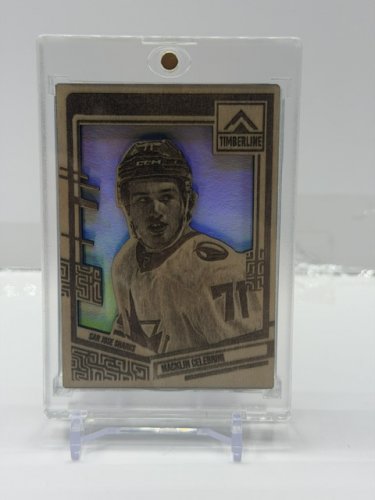 CRACK'N CARVE CUSTOM MADE TIMERLINE MACKLIN CELEBRINI SAN JOSE SHARKS WOODEN DIE CUT CARD RED SHIMMER image 5
