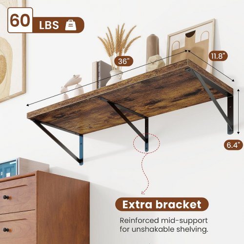 2pk venusmiles deep wall floating shelves with sturdy metal brackets - 36" x 11.8" x 6.4" - rustic brown (model: VS4-FS-N2-PB36ZOCBK2P) image 2