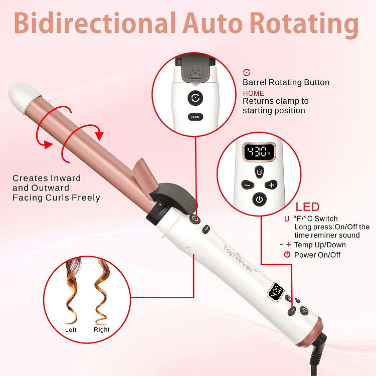 top4ever 3-in-1 automatic rotating hair curler with 3 sizes replaceable barrels - rose gold.(model: sw01). image 2