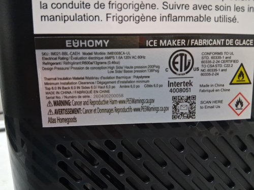 EUHOMY SELF-CLEANING BULLET COUNTERTOP ICE MAKER WITH ICE SCOOP - MAKES 27LB PER DAY - BLACK (MODEL: im021-bbl-caeh / IMB1008CA-UL) image 5