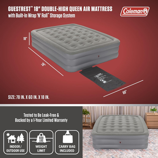 COLEMAN BLOW UP AIR MATTRESS AIRBED - Queen - 18" - GREY/BEIGE (MODEL: 200031095) image 2
