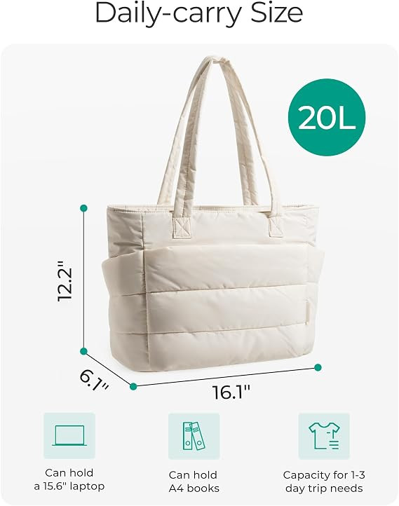 Women's JUYGO puffy quilted Tote Bag with multiple pockets and luggage strap for carry-on functionality - beige image 3
