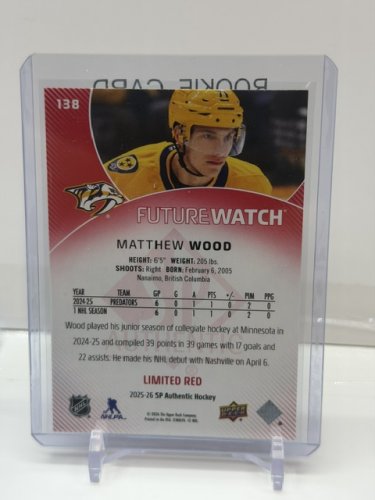 MATTHEW WOOD ROOKIE CARD FUTURE WATCH - UPPER DECK 2025-26 SP AUTHENTIC LIMITED RED #138 image 3
