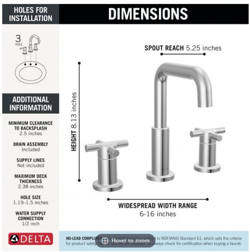 delta two handle widespread bathroom faucet - 8.13" x 5.25" - chrome (model: 35894LF) image 2