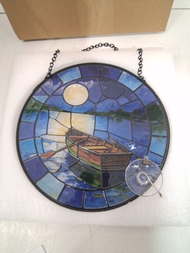 Dreamloom Hanging Boat Beneath the Moon Stained Glass Window panel - 7.8” - blue (model: 92b) image 3
