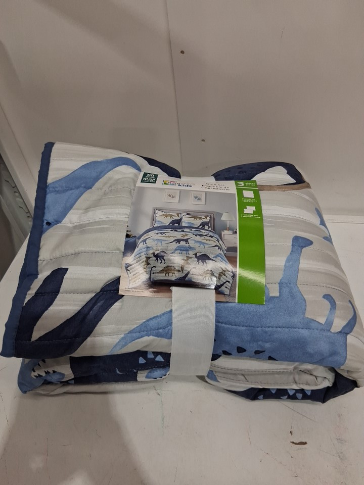 3pc mainstays kids dinosaur theme quilt set - twin/double - blue/white/brown (model:wc14-1036) image 2