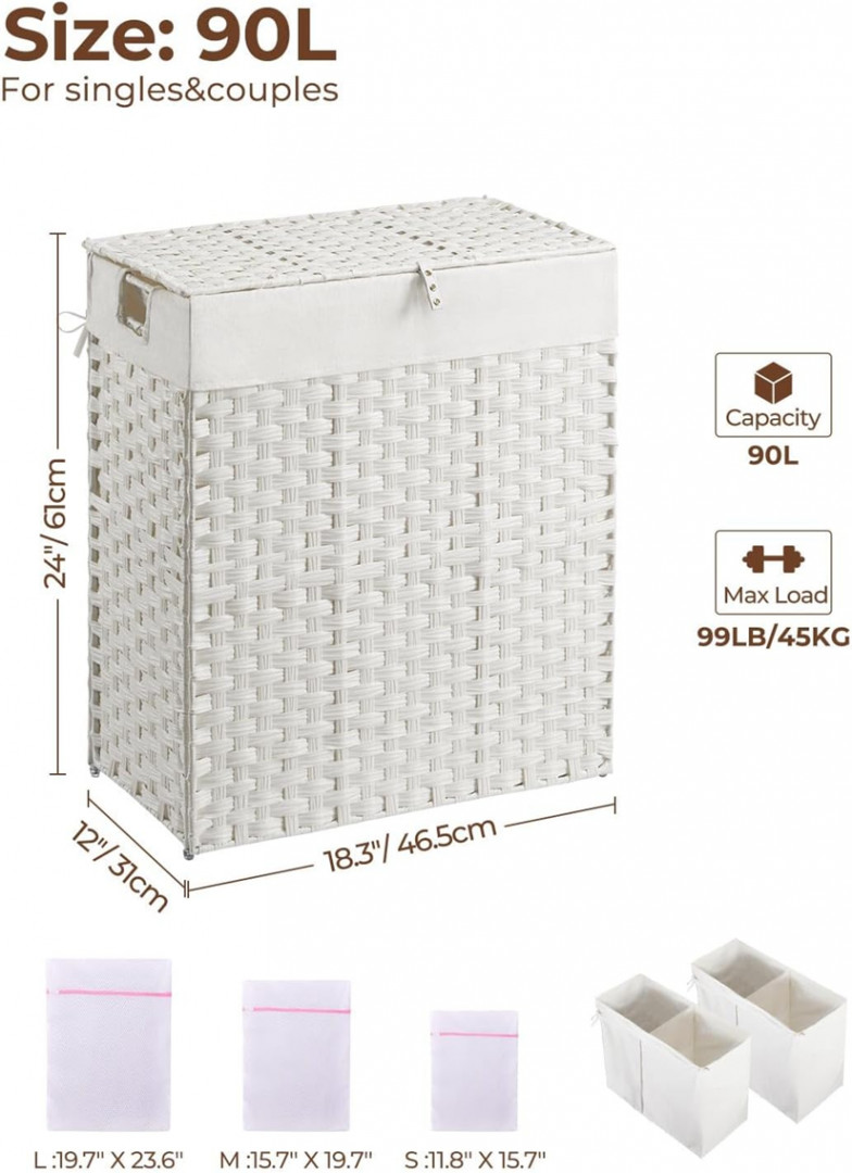 Greenstell Synthetic Rattan Laundry Hamper with Lid with 2 Removable Liner Bags - 110L - 99LBS CAP - WHITE (MODEL: LH005-V2-b) image 2