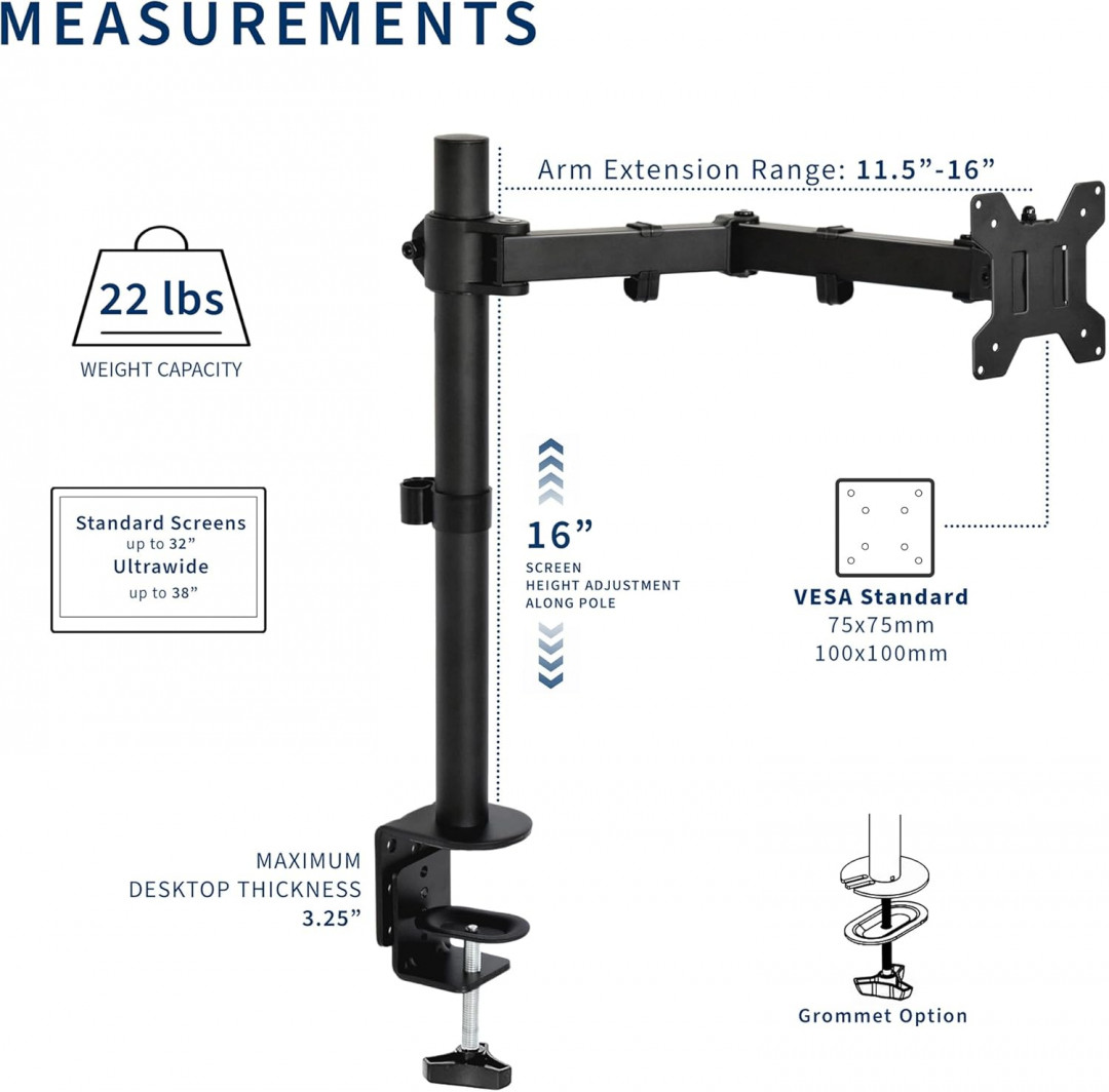 VIVO Single Ultrawide Monitor Fully Adjustable C-CLAMP Desk Mount STAND - FOR SCREENS 32" - 38" - 22LB MAX - BLACK (MODEL: STAND-V001) image 2