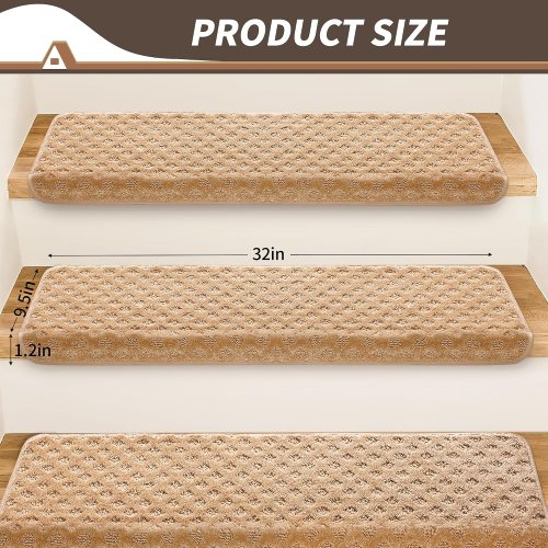 14pc bonaca peel-and-stick washable bullnose stair carpet treads - 32" x 9.5" each - beige waffle pattern image 2