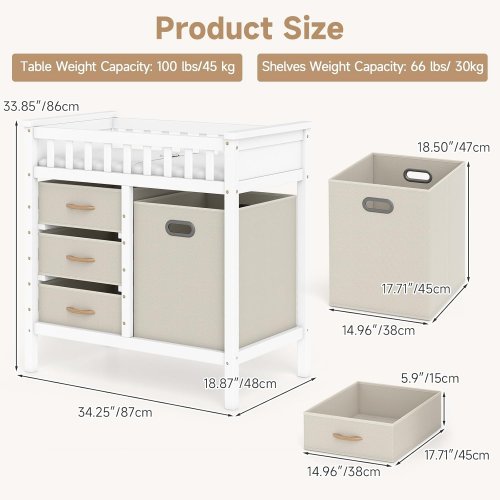 infans wooden baby changing table with storage and included changing pad - 34" x 19" x 34" - white - (model: ac10048wh) image 2