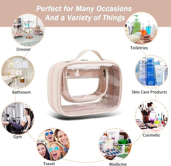 double sided clear plastic multi-purpose travel toiletry bag with zipper closure - 8.5" x 6" x 4" - clear/brown image 2