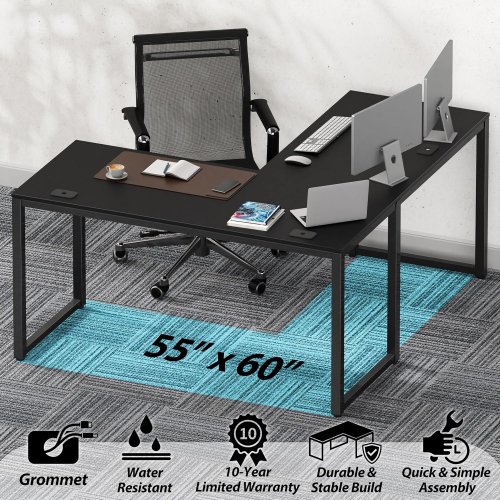 SHW Commercial-Grade L-Shape Corner Office Computer Desk - 55" x 60" - Black image 2