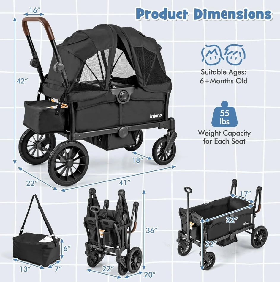 INFANS Collapsible Adjustable Push Pull Handle Bar 2-Seater Stroller Wagon with Removable Canopy AND Snack Tray - 32" basket - BLACK (MODEl: BC10255bk) image 2