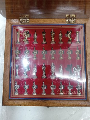 33PC Wooden Mosaic Chess Board Chess Board with Internal Storage Box - 11" - silver/gold/brown image 3