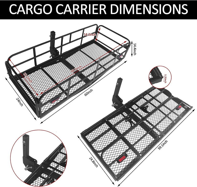 CARIVIA HITCH MOUNTED CARGO CARRIER, FOLDING TRAILER, 510LBS MAX CAPACITY, 60" x 24" x 14.5", 2" RECEIVER - BLACK image 3