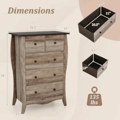costway 5-drawer wooden closet storage dresser with fabric drawers - 38" x 26" x 15" - coffee - (model: jv11619cf) image 2