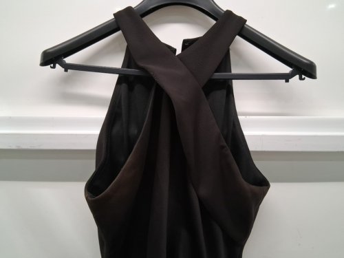 women's xscape floor length scuba cross neck ruffle dress - size 12 - black (style : 6993xa) image 6
