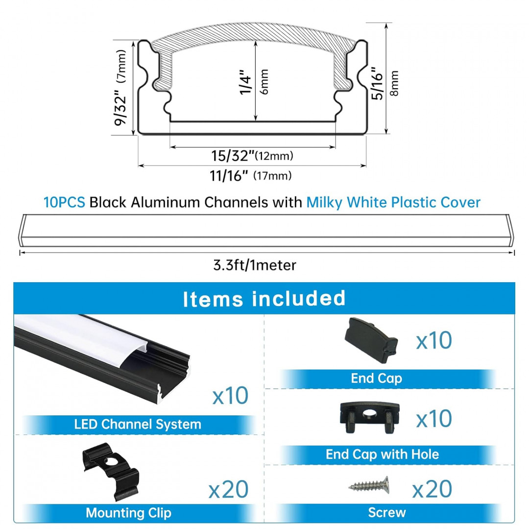 10PK Muzata aluminum LED Channel light tracks with Milky White Cover lens - 3.3FT - black (MODEL: MZZ171) image 2