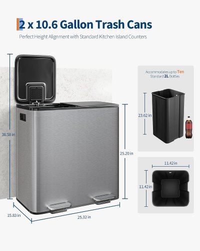 Dual Kitchen Garbage Bin with Soft-Close Lid - 10GAL - Silver image 2