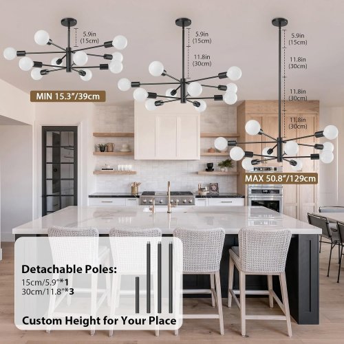 KAISITE Modern Adjustable Mid Century Pendant Light Sputnik Chandelier - 10 lights - black(model: 8006-10p / kst-us-8006-10c-ch) image 2